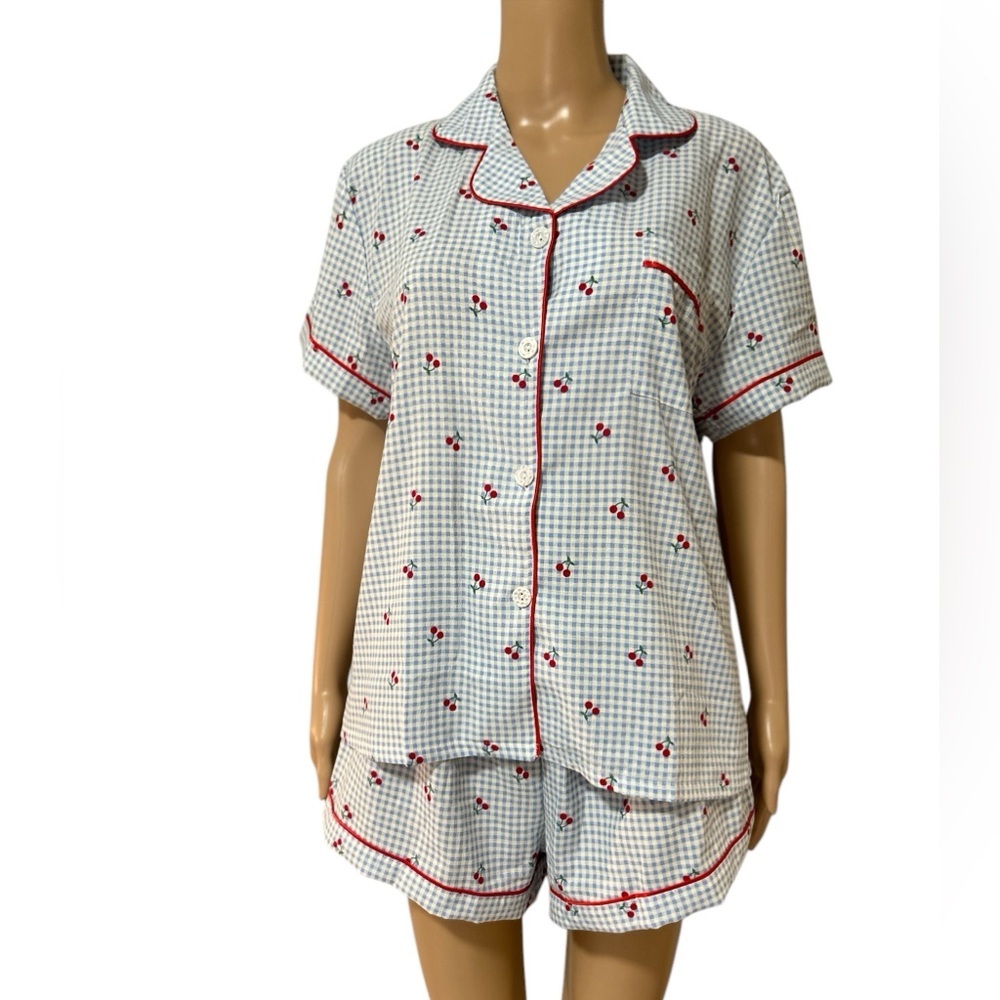 Short Sleeve Cherry Gingham Pajama Set - White & Red